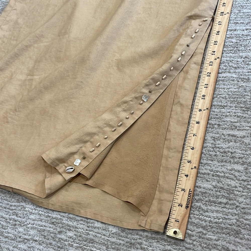 Cavita 100% Linen Beaded Seashell Maxi Skirt Size 18 Khaki Tan A-Line Side Slit - Picture 7 of 14